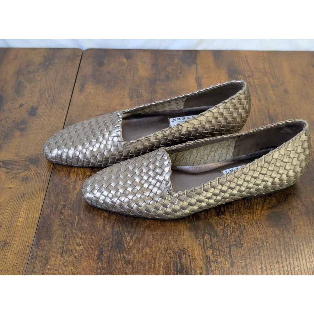 Trotters Liz Woven Leather Loafers 8N Pewter Gold Slip On Comfort Casual